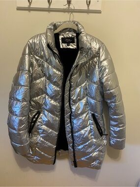 LA Coalition Metallic Silver Puffer Jacket - Women's Cozy Winter Coat